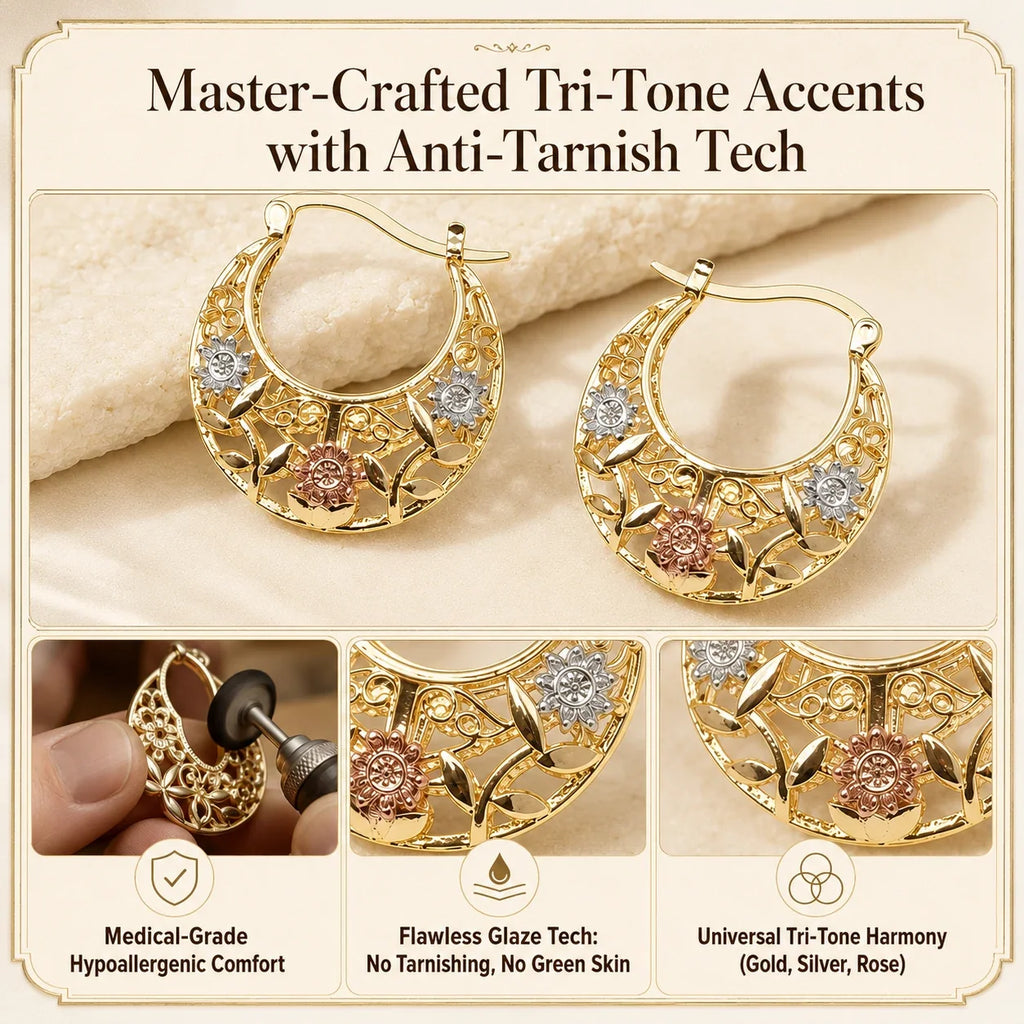 🔥 LAST DAY 90% OFF: Featherlight Tri-Tone Filigree Crescent Earrings in Hypoallergenic Base