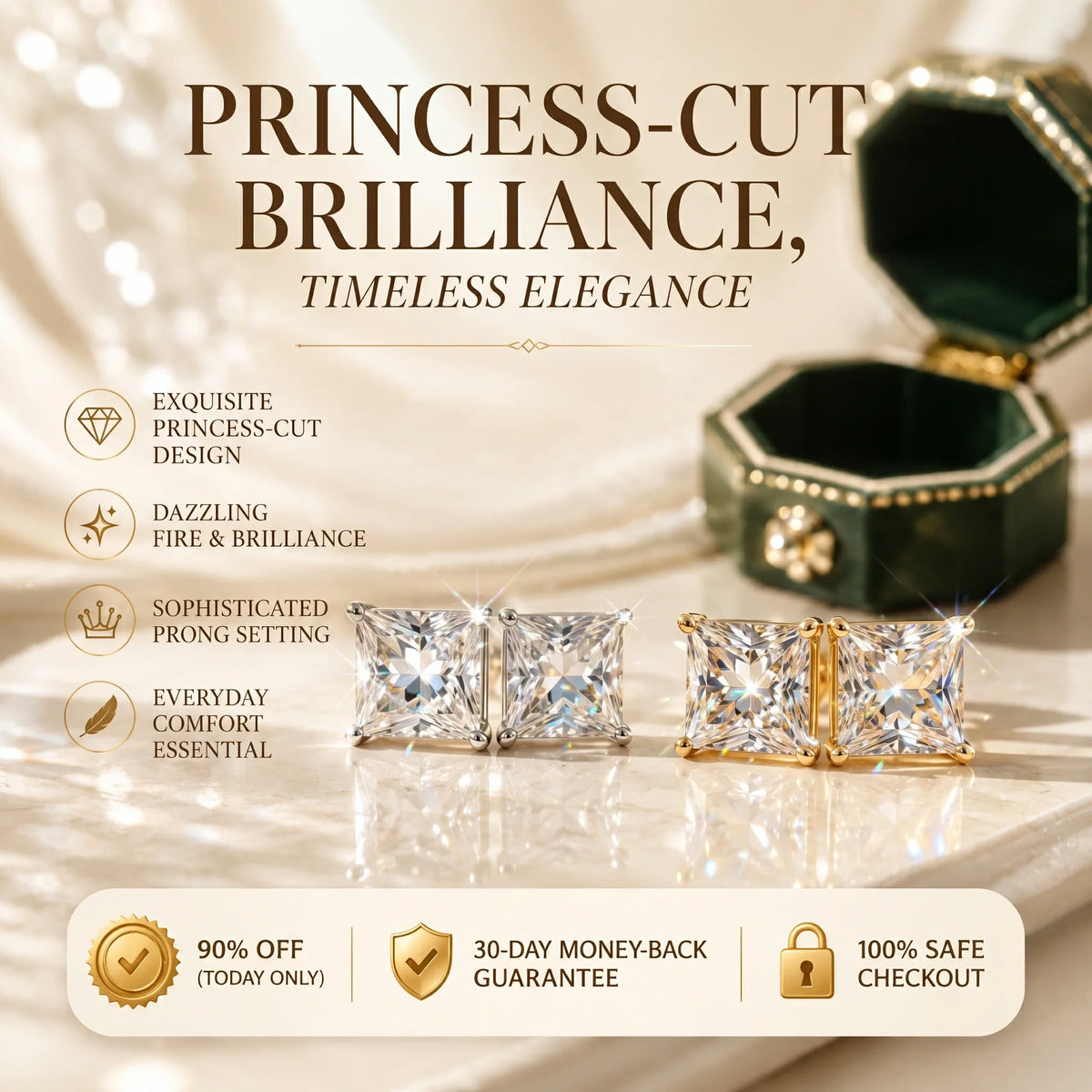 🔥 90% OFF (Today Only): VVS Princess-Cut Moissanite Studs