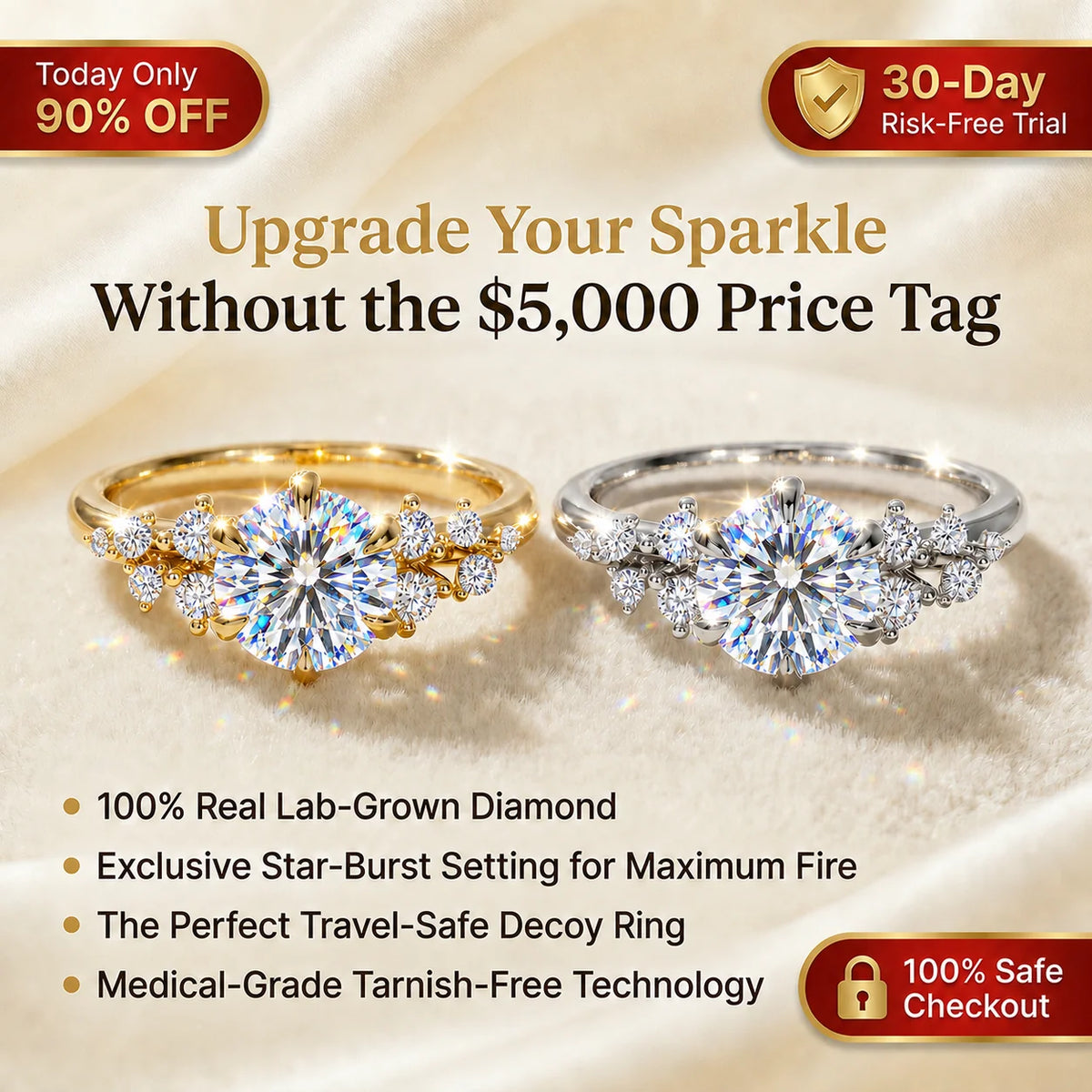 🔥 LAST DAY 90% OFF: Star-Burst Tarnish-Free Flawless VVS1 D-Color Vintage Eternity Ring in 14K Gold Over Silver