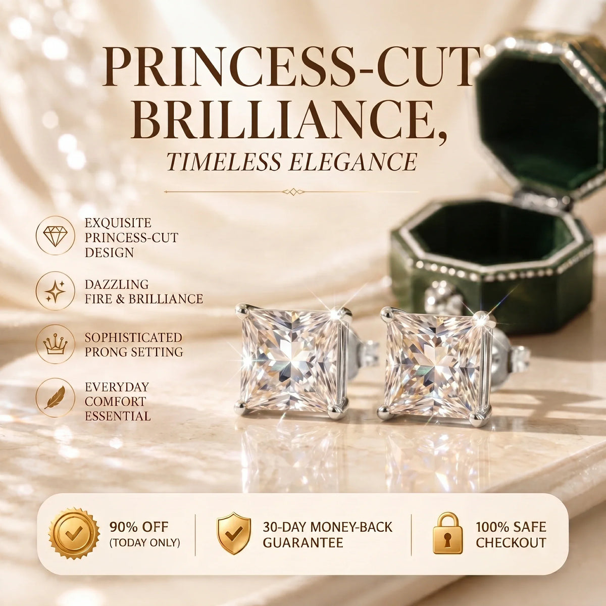 🔥 90% OFF (Today Only): VVS Princess-Cut Moissanite Studs