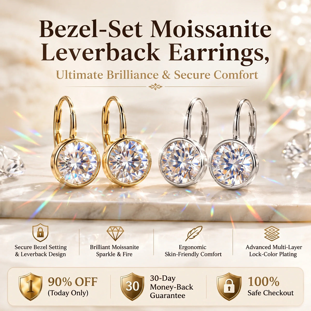 🔥 LAST DAY 90% OFF | Round Bezel Moissanite Leverback Earrings – Clean Circular Detail & Elegant Everyday Movement