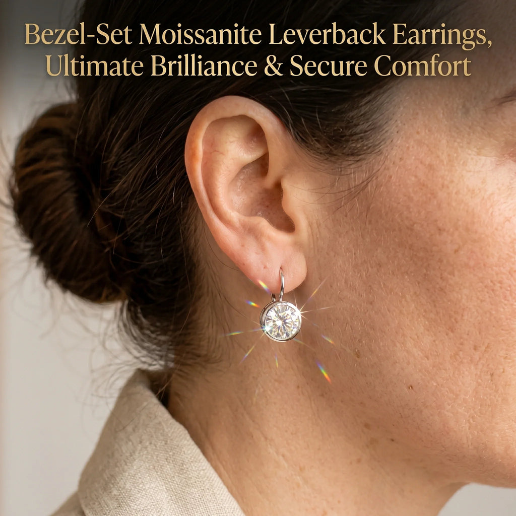 🔥 LAST DAY 90% OFF | Round Bezel Moissanite Leverback Earrings – Clean Circular Detail & Elegant Everyday Movement