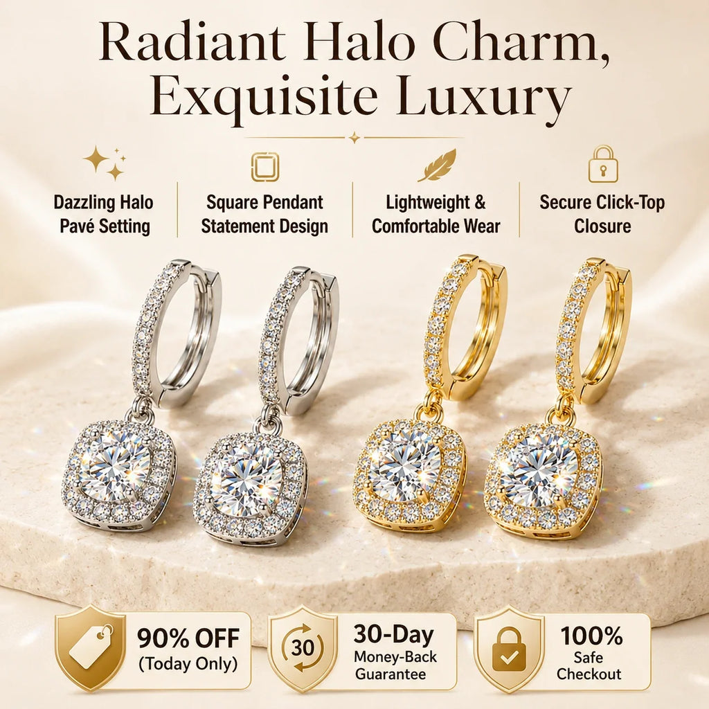 🔥 LAST DAY 90% OFF | Square Halo Moissanite Drop Hoop Earrings – Framed Round Brilliance & Romantic Everyday Movement