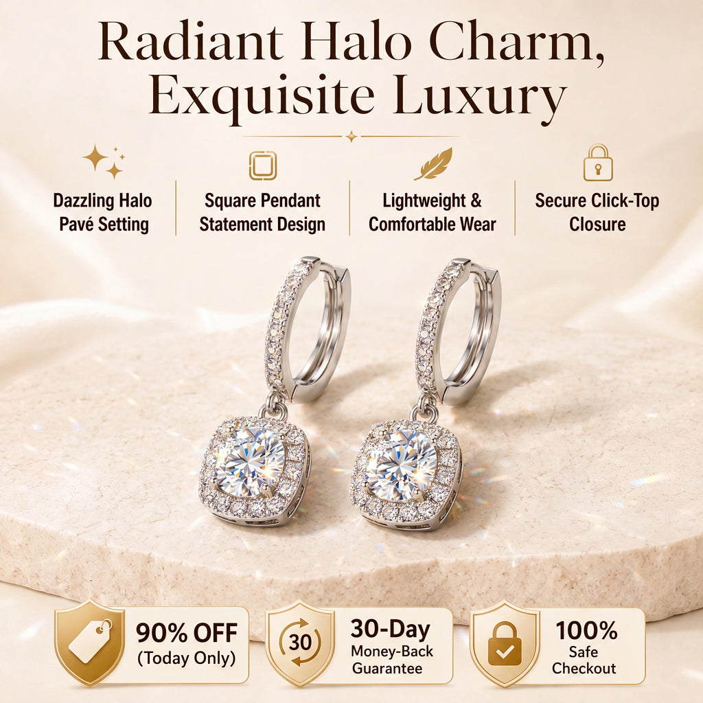 🔥 LAST DAY 90% OFF | Square Halo Moissanite Drop Hoop Earrings – Framed Round Brilliance & Romantic Everyday Movement