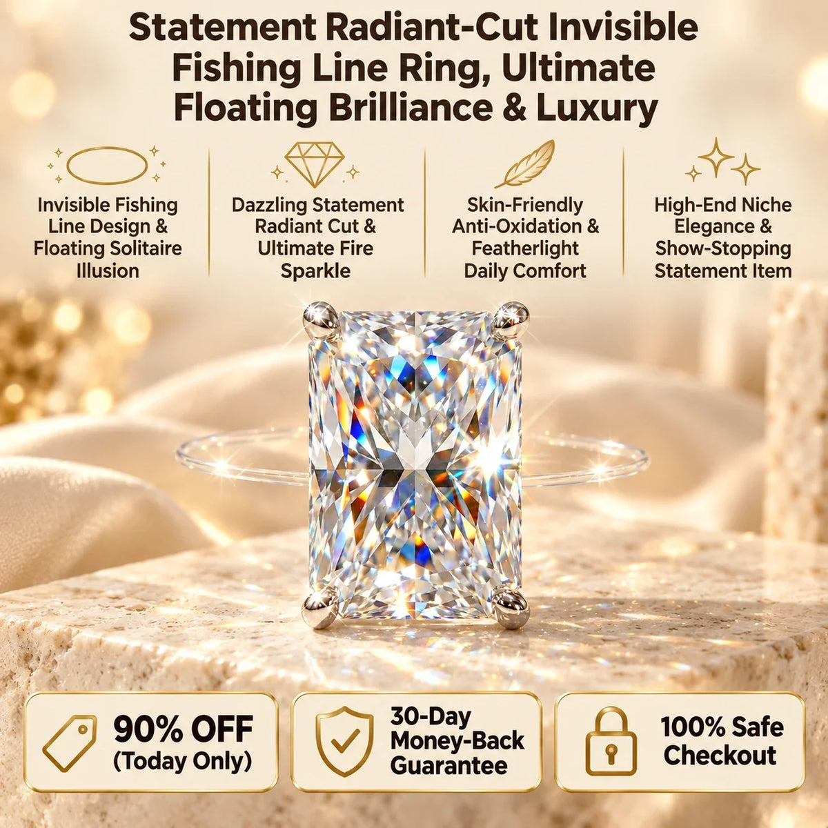 🔥 LAST DAY 90% OFF | Radiant-Cut Invisible-Line Moissanite Ring – Floating Solitaire Brilliance & Barely-There Styling