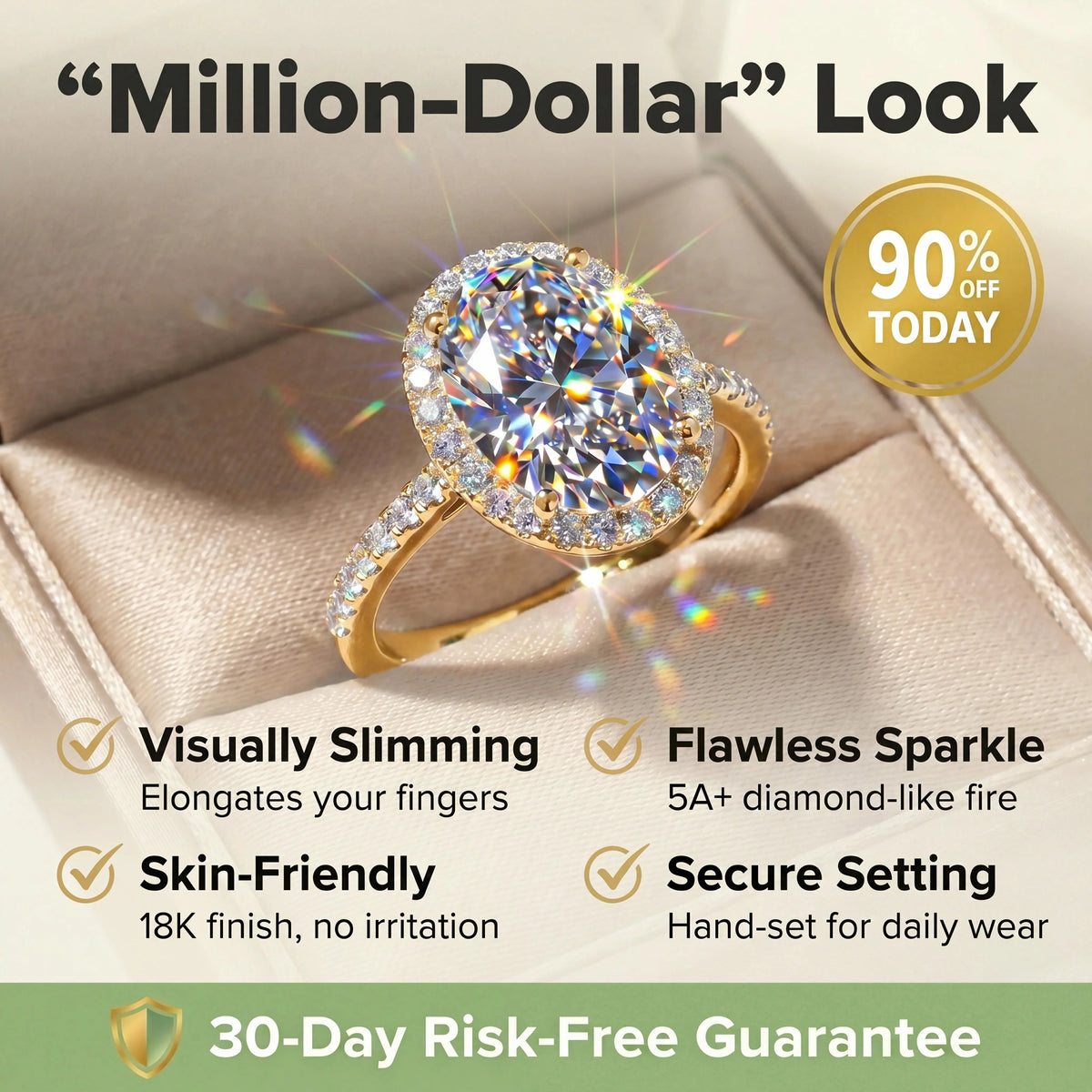 🔥 LAST DAY 90% OFF: High-Density Micro-Pavé Halo Travel-Safe D-Color VVS1 Flawless Classic Oval Moissanite Ring in 14K Gold Plated 925 Silver