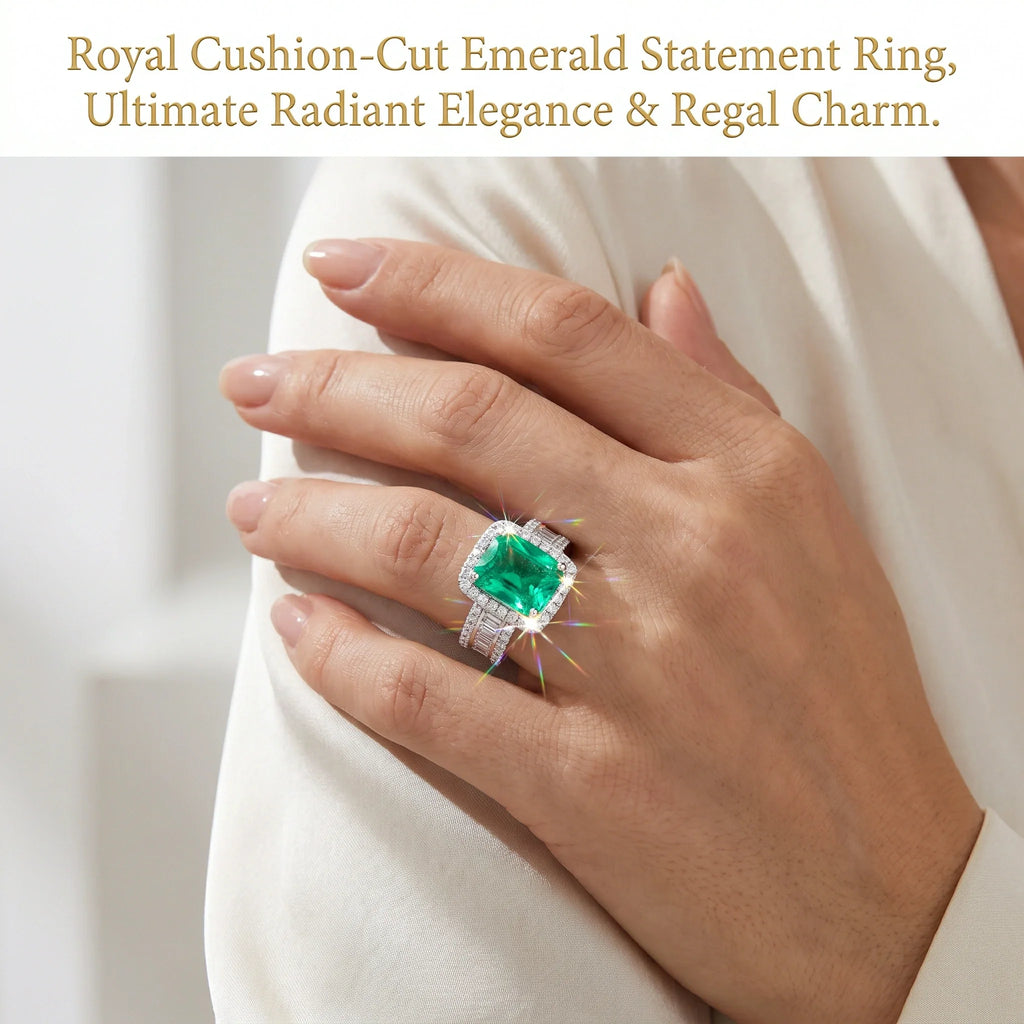 🔥 LAST DAY 90% OFF | Royal Cushion Emerald Halo Ring – Rich Green Brilliance & Elegant Statement Styling